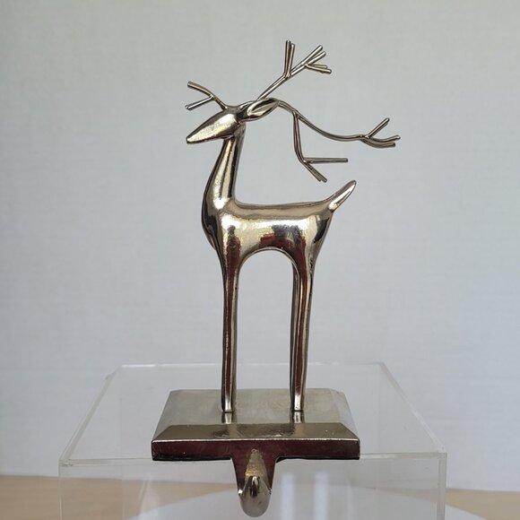 Reindeer Christmas Silver Tone Stocking Holder Hanger Mantel Decoration Set of 2 - Picture 4 of 16